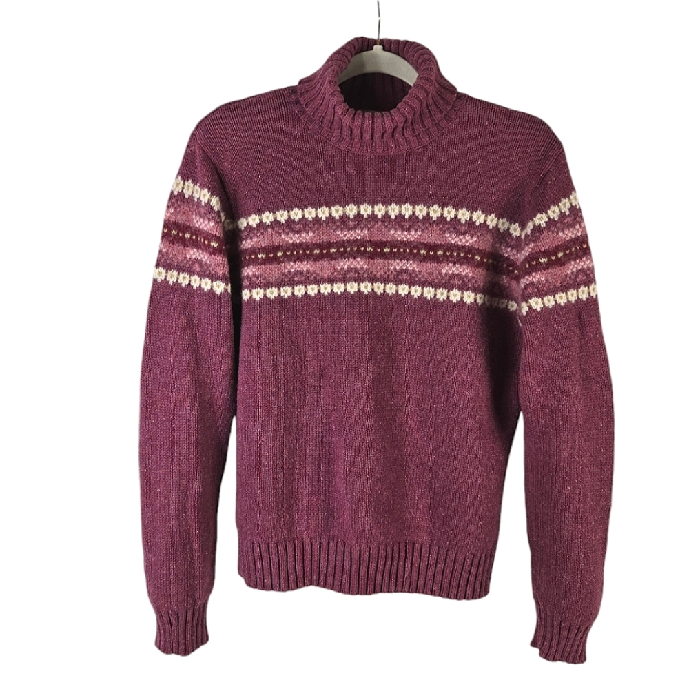 L.L. Bean Fair Isle Ribbed Turtneck Lambswool-Blend Burgundy Sweater